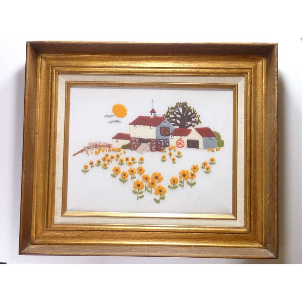 Vintage Boho Framed Crewel Countrycore Embroidery Sunflower Fields Farm